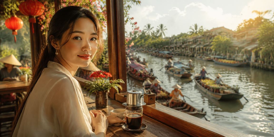 Người dùng tại vùng đồng bằng sông Cửu Long truy cập ứng dụng b7640dw trên điện thoại bên quán cà phê